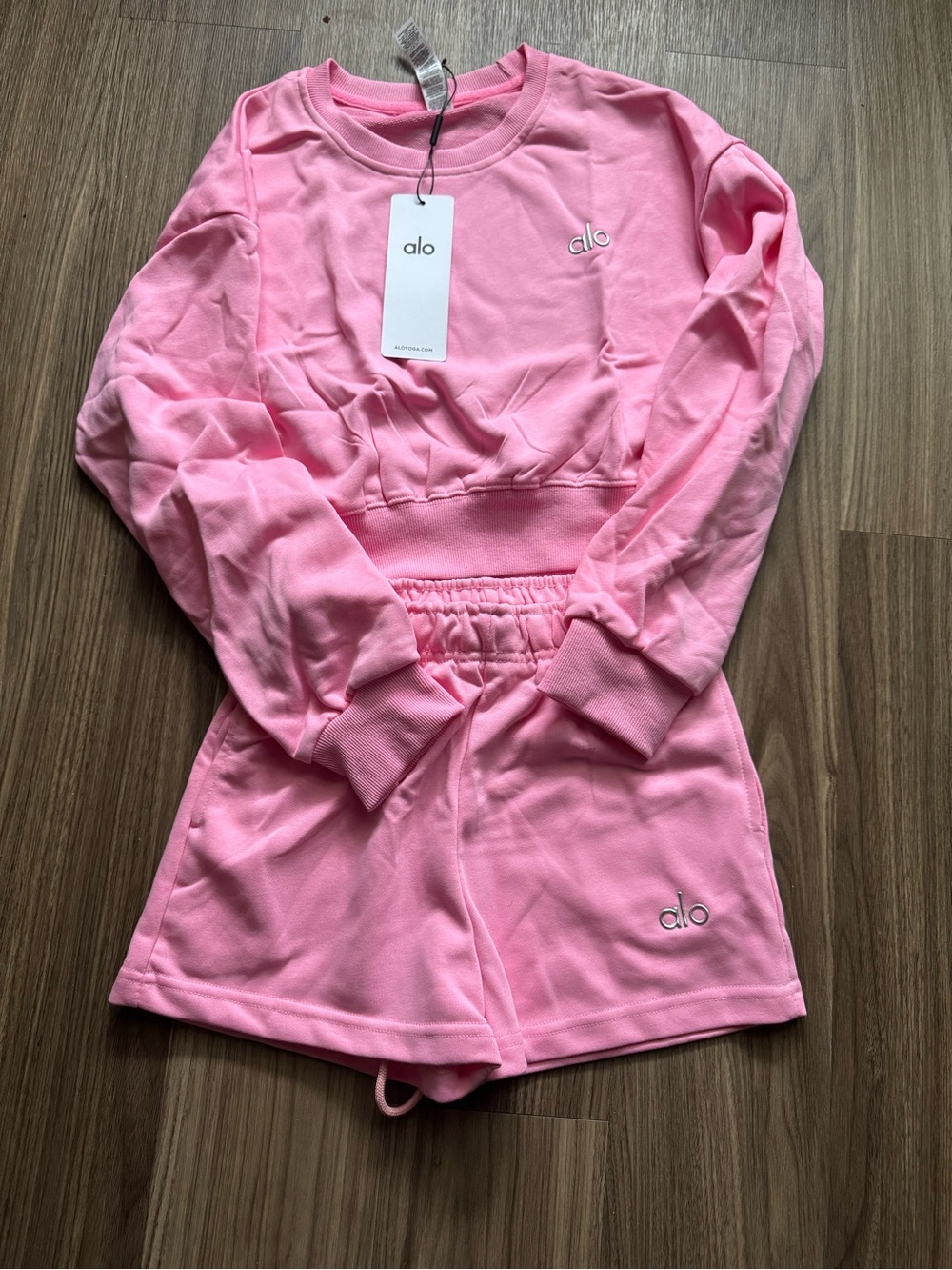 ALO Yoga Pink Cropped Sweatshirt and Shorts Set